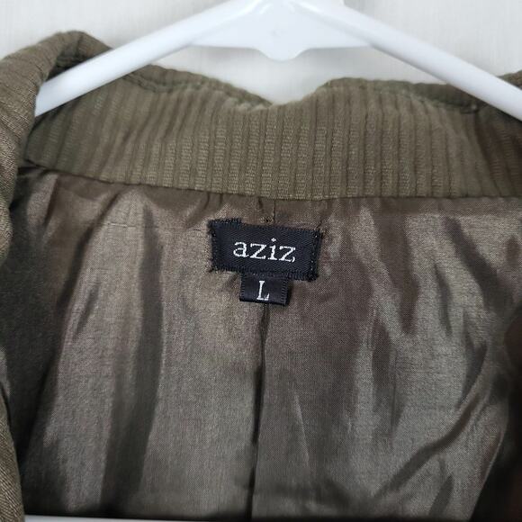 Aziz Womens Olive Cotton Embroidered‎ Flap Pockets One Button Blazer Jacket Sz L - Picture 10 of 12